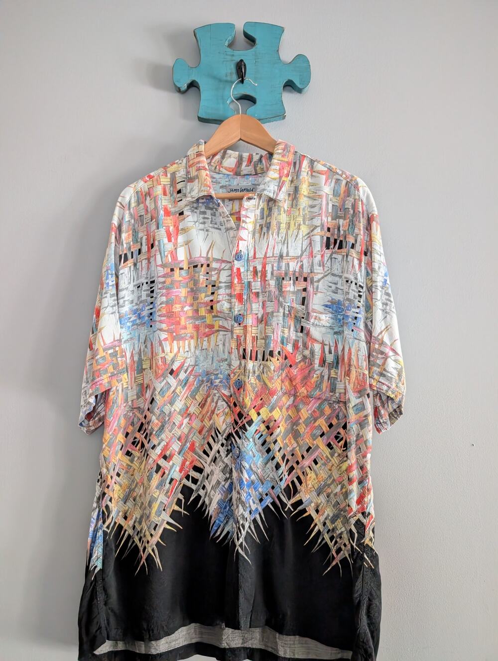 Jams World XL Rayon Shirt Abstract Woven Print Black Hem Vintage 90s Art Top